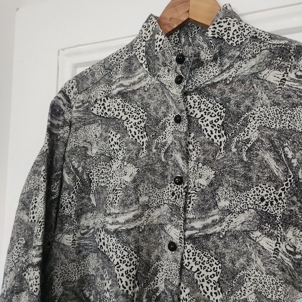 Vintage Literal Leopard Print Wool Blend Standing Collar Blouse - Picture 2 of 11